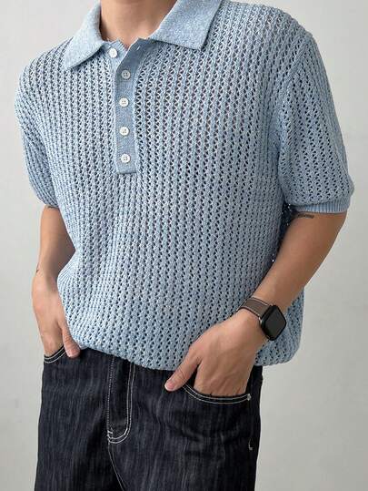 DAZY Summer Textured Twist Cable Mesh Blue Short Sleeve Men Knit Top