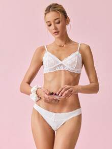 性感透视深 V 蕾丝无钢圈文胸套装，露背，透气优雅，女士内衣 - 白色 - 查看 6