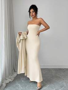 Rafferiza 女士春秋季服装，约会装，中东长袍和紧身针织连衣裙两件套，黑色 - 杏色 - 查看 3