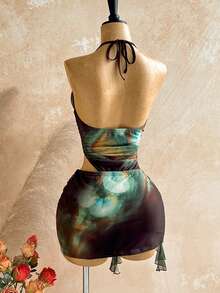 Soleia 女士休闲度假复古扎染绿色镂空领荷叶边开衩迷你连衣裙，适合海滩、邮轮、城市度假、约会、下午茶等场合。 - 墨綠色 - 查看 2