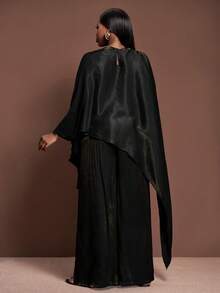 SHEIN CURVE+ Curve 尺码 US22 音乐节、海滨度假、波西米亚风女士亮面面料斗篷上衣和阔腿裤两件套，适合圣诞节/新年/派对/优雅女性风格/闪亮两件套/感恩节/正式场合 - 黑色 - 查看 2