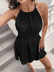 SHEIN LUNE Đầm cổ yếm dệt jacquard họa tiết thường ngày dành cho nữ - màu đen - Xem 5