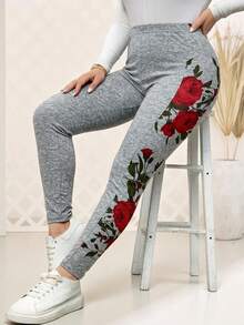 Rosumi 大码女式印花拼接打底裤 - 灰色 - 查看 5