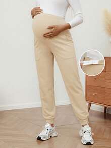 GentleRue Maternity 孕妇休闲日常通勤简约百搭运动可调节腰带侧袋慢跑裤 - 杏色 - 查看 7
