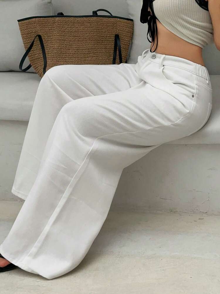 Dazy Plus Plus Size Casual White Wide Leg Jeans, Versatile For Spring, Summer, All Seasons