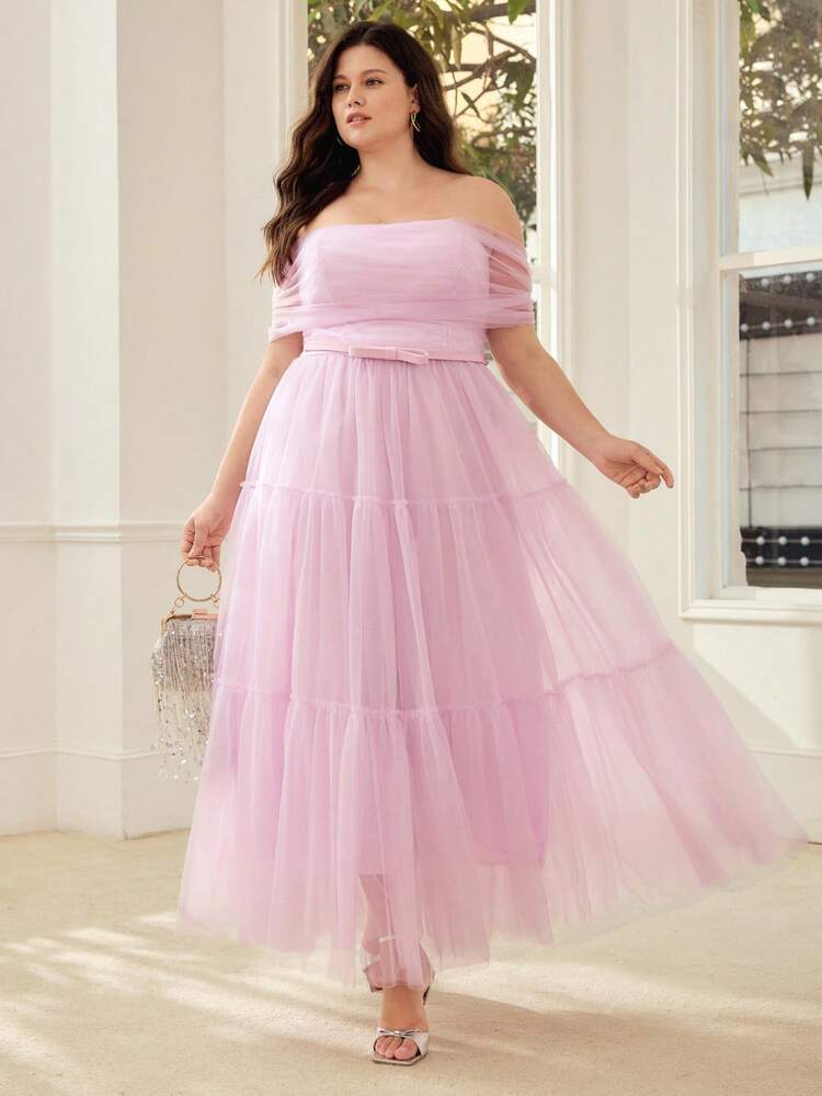 PLUS SIZE WOMEN'S PINK MESH OFF THE SHOULDER FORMAL DRESS, SPRING/SUMMER