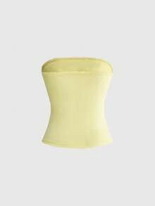 ROMWE Avant Top tube de style vacances pour femmes, style romantique avec mélange de matériaux, dentelle et décoration étoile de mer - Jaune citron - Voir 2