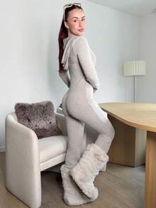 Abrilcols 女式休闲前拉链中下摆厚连帽连体裤，秋冬 - 杏色 - 查看 6