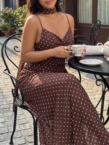 GalTyme 大码女士波点休闲派对吊带裙 - 棕色 - 查看 2