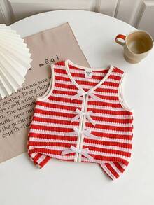 SHEIN Young Girl Striped V-Neck Bow Decor Casual Camisole Girls Top Striped Top Young Girls Top Red Striped Top - Multicolor - View 3