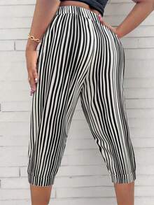 INAWLY Women's Summer Trousers 2026 Fashionable Two-Tone Vertical Striped High-Waisted Casual Loose Slouchy Style Laced Casual Capris Women Summer Pants Women Capri Pants Striped Capris Capris For Women Women Vacation Outfit Sets Trending Outfit Women S Summer Pants Women Summer Outfits Women 2 Piece Outfit Casual Women Casual Outfit Summer Casual Outfits For Women - Black - View 2