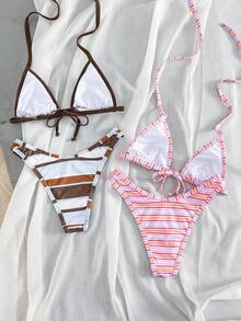Swim Mod Swim Vcay Elegant Women's 2026 Multi-Color Polka Dot Beach Swimwear, Fresh Color Block Animal Print, Ultra-Soft Sculpt Stretch Ribbed Knit Halter Triangle Bikini Ultra-Soft Sculpt Stretch Ribbed Knit Halter Triangle Bikini Set, Collection Adjustable Self-Tie Halter Neck Bikini Top With Removable Padding, Y2K Aesthetic High Leg Cheeky Bikini Bottoms With Color Block Striped Pattern, - Multicolor - View 3