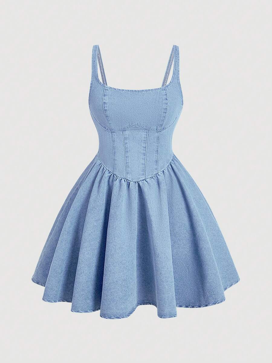 SHEIN MOD Đầm slip denim nữ, kiểu retro dài đến bắp chân, dây mảnh gợi cảm, màu xanh dương - Rửa nhẹ - Xem 1