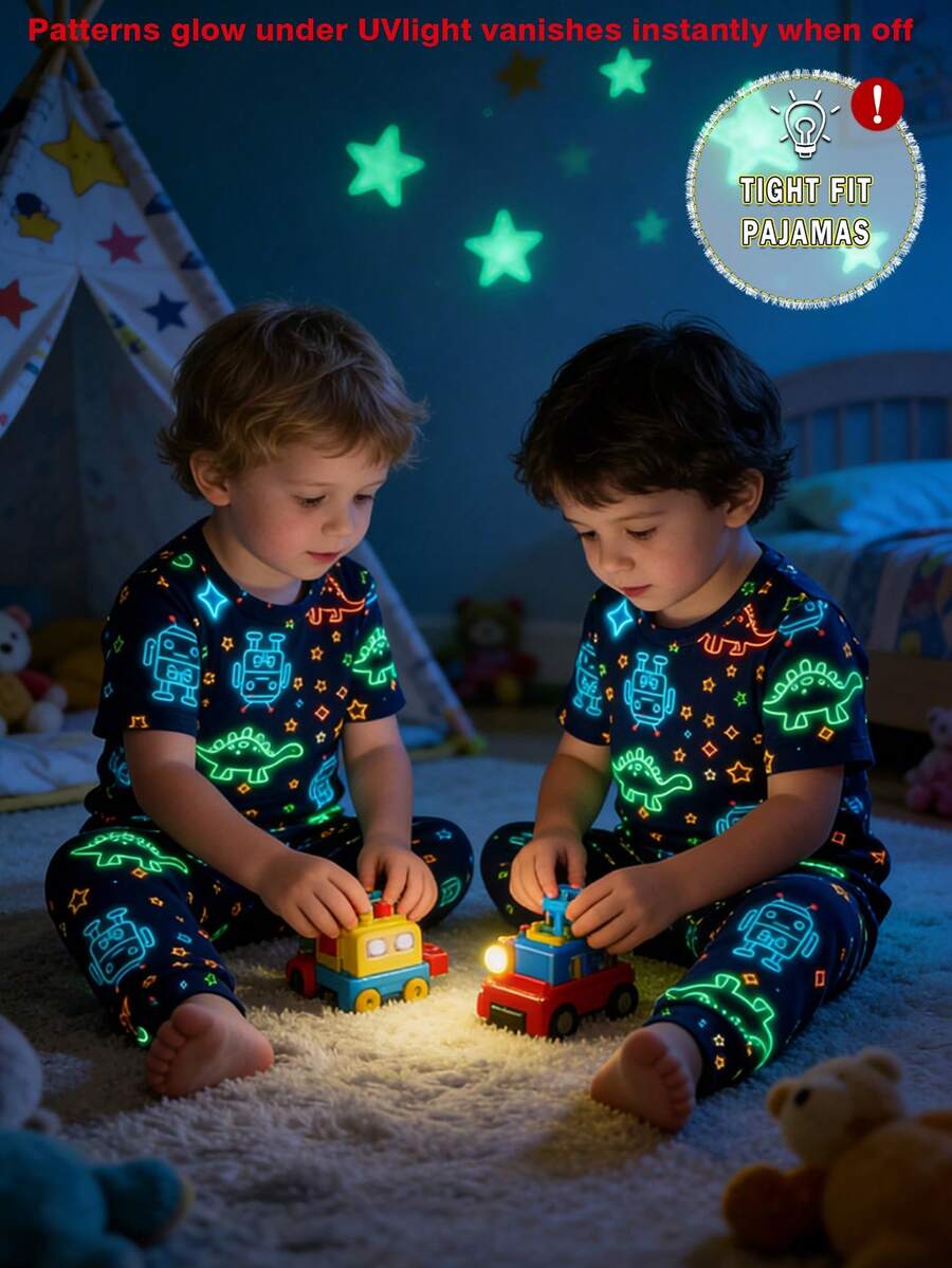 Bộ đồ ngủ ngắn tay ôm sát in hình robot và khủng long phát sáng trong bóng tối cho bé trai, thích hợp cho mùa xuân/hè. - Màu xanh lam - Xem 1