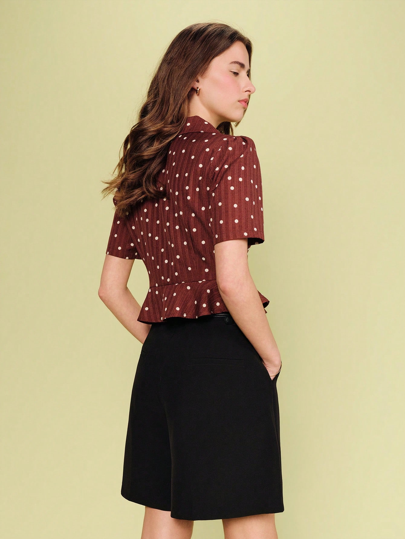 Vintage Brown Blouse With White Polka Dots, Tailored Collar, And Chic Peplum-Style Cut Vintage Cute Top Spring Summer Vacation Top Holiday Top Business Casual Office Top Work Top French Style Parisian Style