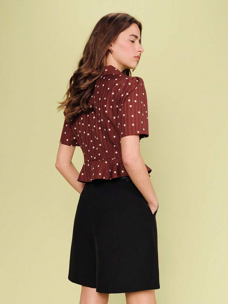 Vintage Brown Blouse With White Polka Dots, Tailored Collar, And Chic Peplum-Style Cut Vintage Cute Top Spring Summer Vacation Top Holiday Top Business Casual Office Top Work Top French Style Parisian Style