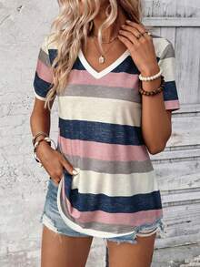 EMERY ROSE Plus Size Women Color Block V-Neck Short Sleeve Simple Daily T-Shirt Graphic Tees Women Tops - Multicolor - View 1