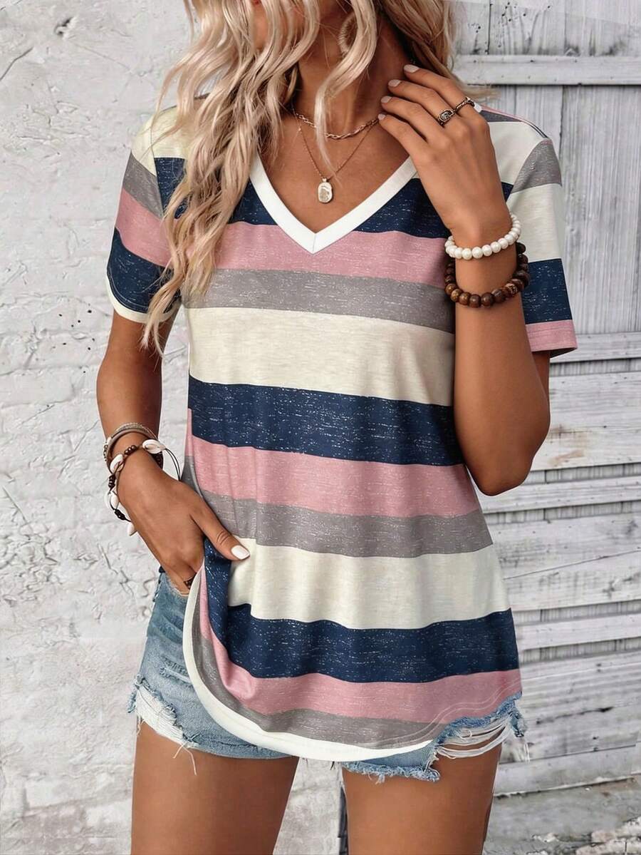 EMERY ROSE Plus Size Women Color Block V-Neck Short Sleeve Simple Daily T-Shirt Graphic Tees Women Tops - Multicolor - View 1