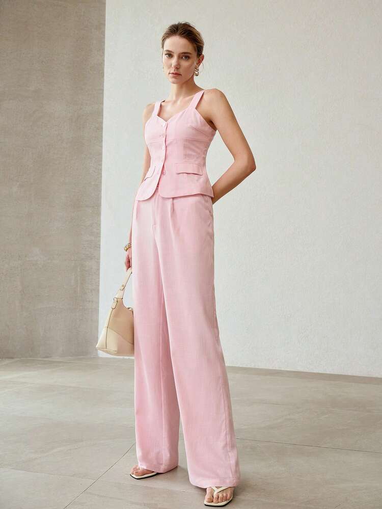 PINK ROMANTIC WOMEN'S LINEN CASUAL PALAZZO PANTS