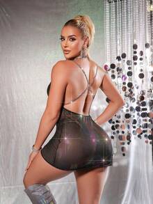 两件套女士性感亮片网纱睡衣套装，魅力夜店风 - 彩色 - 查看 7