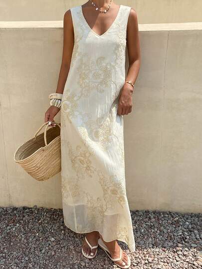 Livesso 女士夏季度假花卉刺绣无袖连衣裙