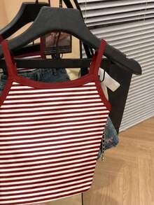 Retro Versatile Encore Red + White Striped, Contrast Print Pattern, Brown Tone, Young Girl Casual Minimalist Camisole Suitable For Summer, Cute Summer Outfits For Summer Kids Items, Summer Outing Items, Korean Style, Easy Comfort, Stylish Kids, Y2K, Kawaii, Party, Everyday, Vacation, Cute, Comfy, Summer 2026, Cottagecore, Weekend Casual, Family Outing, Photoshoot Outfits, Chill Chill, Baby & Kids Graphic Tops - Multicolor - View 4