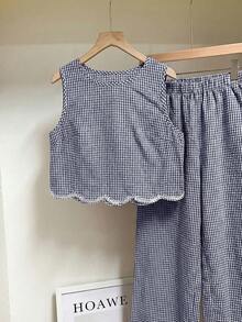 SHEIN Frenchy Bộ đồ nữ kẻ caro cổ tròn và quần ống rộng, kiểu dáng thường ngày, gồm 2 món. - Màu xanh hải quân - Xem 7