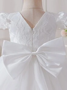 Glamorique Kids 女婴V领蝴蝶结连衣裙，蕾丝花袖，V领薄纱裙摆，适合生日派对、洗礼、花童婚礼等场合。 - 白色 - 查看 3