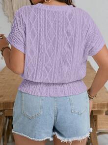 SHEIN Frenchy 大码女式夏季休闲度假纯色纹理面料蝙蝠袖短袖宽松下摆T恤 - 紫色 - 查看 2