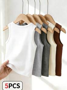 SHEIN Playful Pals 5件套休闲白色针织无袖背心，适合作为内搭，可用于户外活动、休闲穿着、旅行，适合6个月至3岁男婴。 - 彩色 - 查看 2