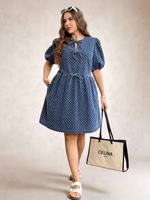 SHEIN LUNE Plus Size Cotton Washed Collar Bow Pocket Dress Women Casual Dresses Women's Summer Dresses French Style Dress Women's Dress Casual Short Dress Women's Summer Outfits Casual Dresses For Women Vacation Outfits For Women Blue Dress For Women Beach Dress Beach Outfits For Women Casual Dresses For Women Vacation Outfits Women Vacation Dresses Country Dress Country Concert Outfit Summer Dress - Blue - View 6
