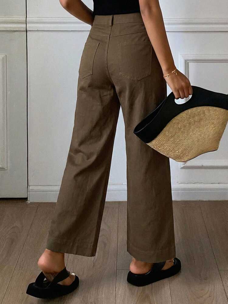 Women's Loose Flare Pants With Pockets, Solid Color Casual Street Style Trousers For Autumn