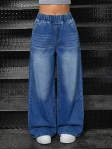 SHEIN Tween Girls' Casual Washed Wide Leg Jeans - Medium Wash - View 7