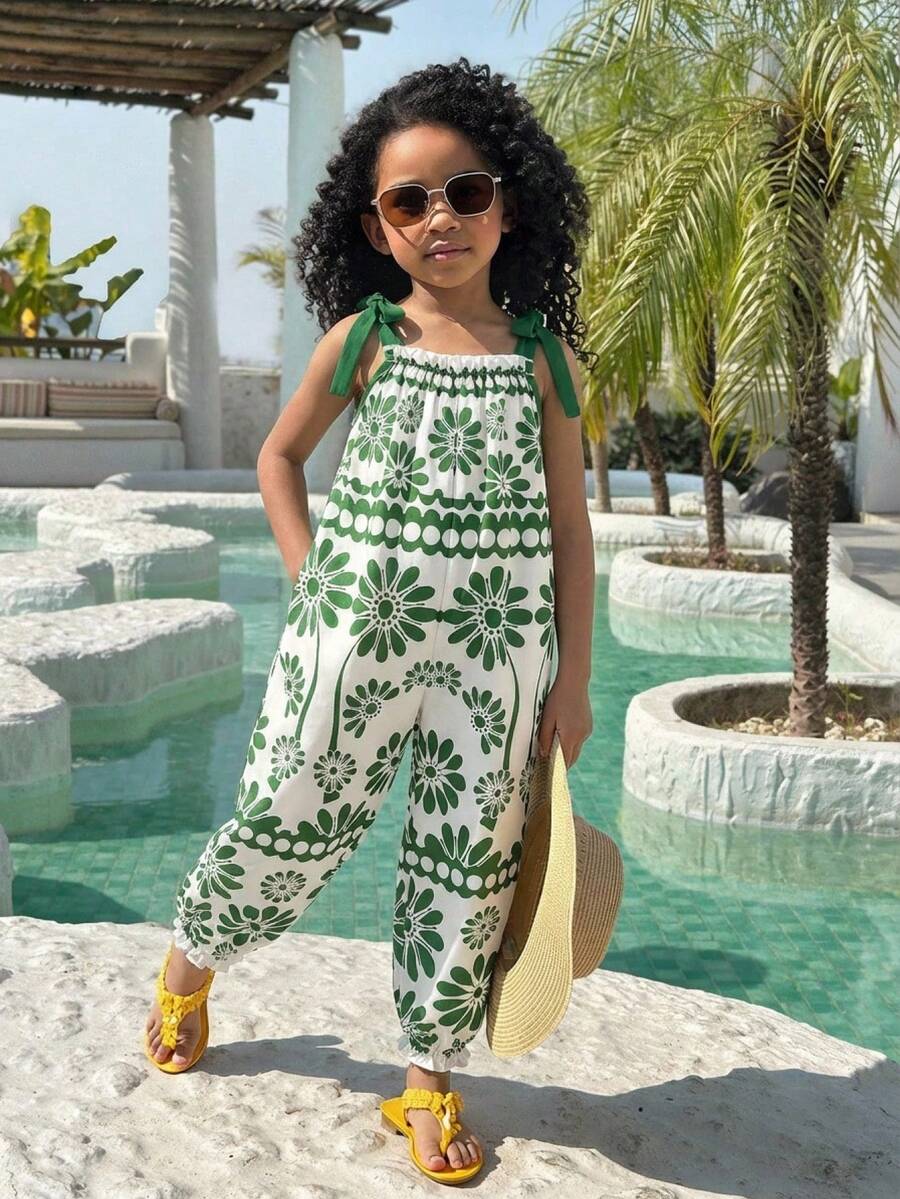 SHEIN 年轻女孩休闲日常舒适复古图案无袖连体裤 - 彩色 - 查看 1