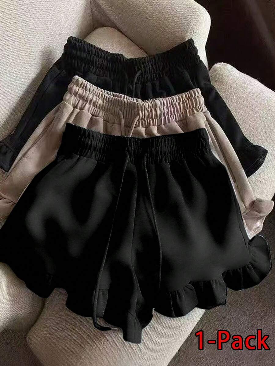 Resyla 女士纯色弹力腰抽绳休闲夏季短裤 - 黑色 - 查看 1