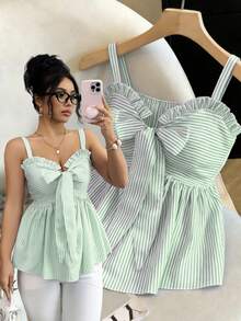 Qadelle Áo camisole nữ mùa xuân/hè mới, thiết kế thời trang với dây buộc, điểm nhấn nơ, sọc xanh trắng, ôm eo, gợi cảm và tôn dáng, đa năng cho mặc hàng ngày và hẹn hò. - màu xanh lá - Xem 2