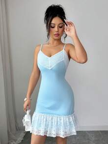 Selianne Vestido feminino com decote em V, detalhes em renda, barra com babados e alças finas. - Azul - Ver 4