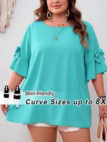 SHEIN CURVE+ Áo sơ mi nữ màu hồng cánh sen cổ tròn trang trí nơ, cỡ US22, phong cách Bohemia, thích hợp cho lễ hội âm nhạc, kỳ nghỉ bên bờ biển, mùa hè. - Màu xanh Bạc hà - Xem 1