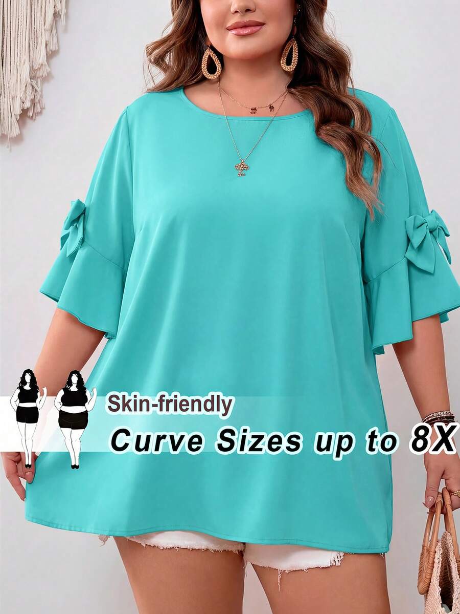 SHEIN CURVE+ Áo sơ mi nữ màu hồng cánh sen cổ tròn trang trí nơ, cỡ US22, phong cách Bohemia, thích hợp cho lễ hội âm nhạc, kỳ nghỉ bên bờ biển, mùa hè. - Màu xanh Bạc hà - Xem 1