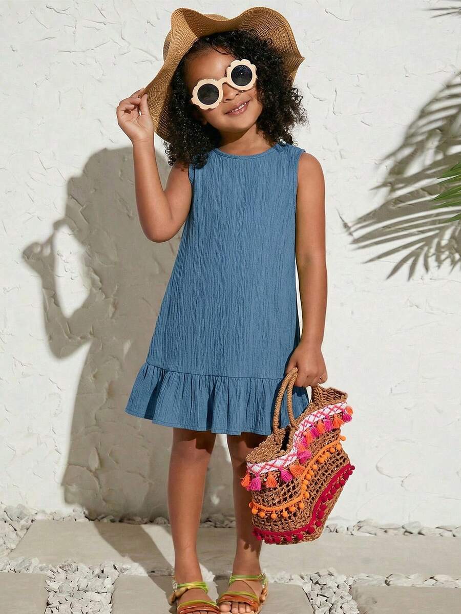 SHEIN 少女纯蓝色无袖层叠连衣裙 休闲圆领夏季连衣裙 少女连衣裙 夏季休闲连衣裙 沙滩少女夏季服装 连衣裙 女童连衣裙 - 藍色 - 查看 1