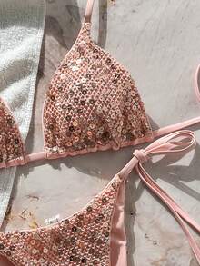 Costavie Bộ bikini hai mảnh gồm áo tam giác buộc dây cổ và quần bikini hai mảnh đính sequin, kiểu dáng gợi cảm dành cho nữ, thích hợp cho mùa xuân/hè. Bộ bikini 2 mảnh màu hồng, họa tiết da báo, hiệu Zestiva Swimwear, bộ bikini đính sequin. - Hồng - Xem 5