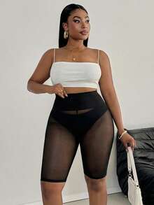 SHEIN PETITE CURVE 大码女式纯色透视极简骑行短裤，适合夏季出行 - 黑色 - 查看 4