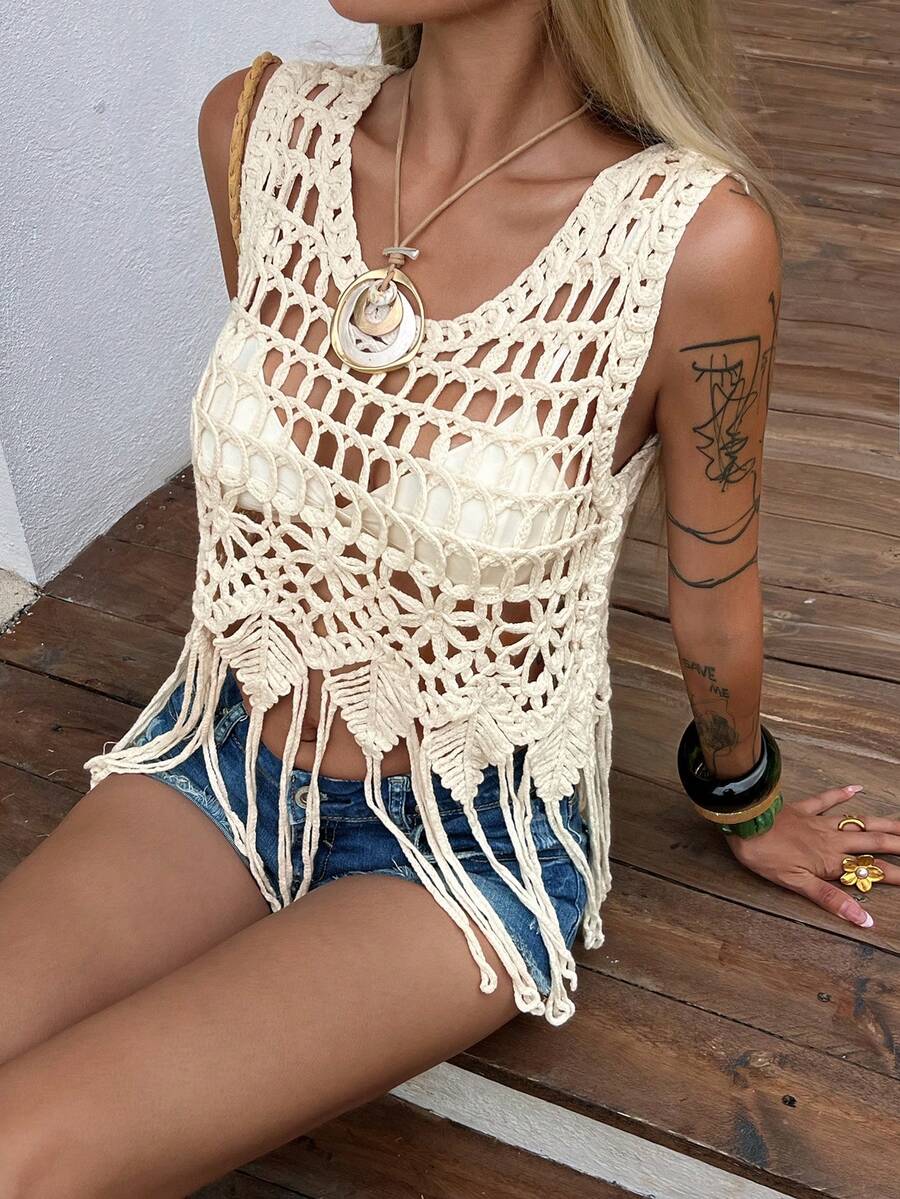 DAZY 女士休闲镂空沙滩罩衫，春夏款 - 米色 - 查看 1
