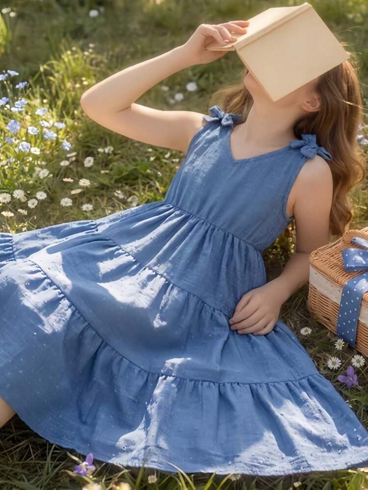 SHEIN Sản phẩm bán chạy nhất! Đầm xanh không tay ngọt ngào cho bé gái, được trang trí bằng nơ và thiết kế xếp tầng, đảm bảo sự thoải mái, phù hợp cho kỳ nghỉ, tiệc sinh nhật và mặc hàng ngày. Thiết kế đa năng dễ dàng phối hợp với nhiều loại áo và sandal, một món đồ thời trang và bền bỉ không thể thiếu trong tủ đồ mùa hè của công chúa nhỏ của bạn. - Màu xanh lam - Xem 8
