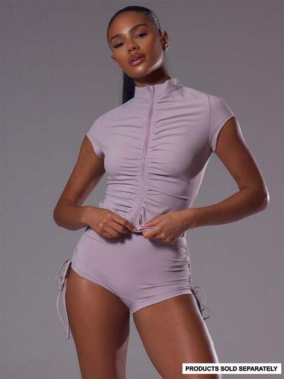 Musera Sport Ruched Front Detail Short Sleeve Zip Through Active Top Workout Gym Sports Pilates Fitness Daily Casual Hibiscus