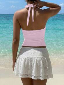 Aloruh Top de punto blanco acanalado con escote halter, apropiado para el verano - Rosa - Ver 3