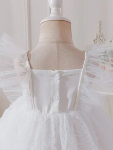 SHEIN Glamorique Kids 女婴夏季韩版修身可爱白色编织拼接网纱荷叶边蝴蝶结装饰连衣裙 - 白色 - 查看 4