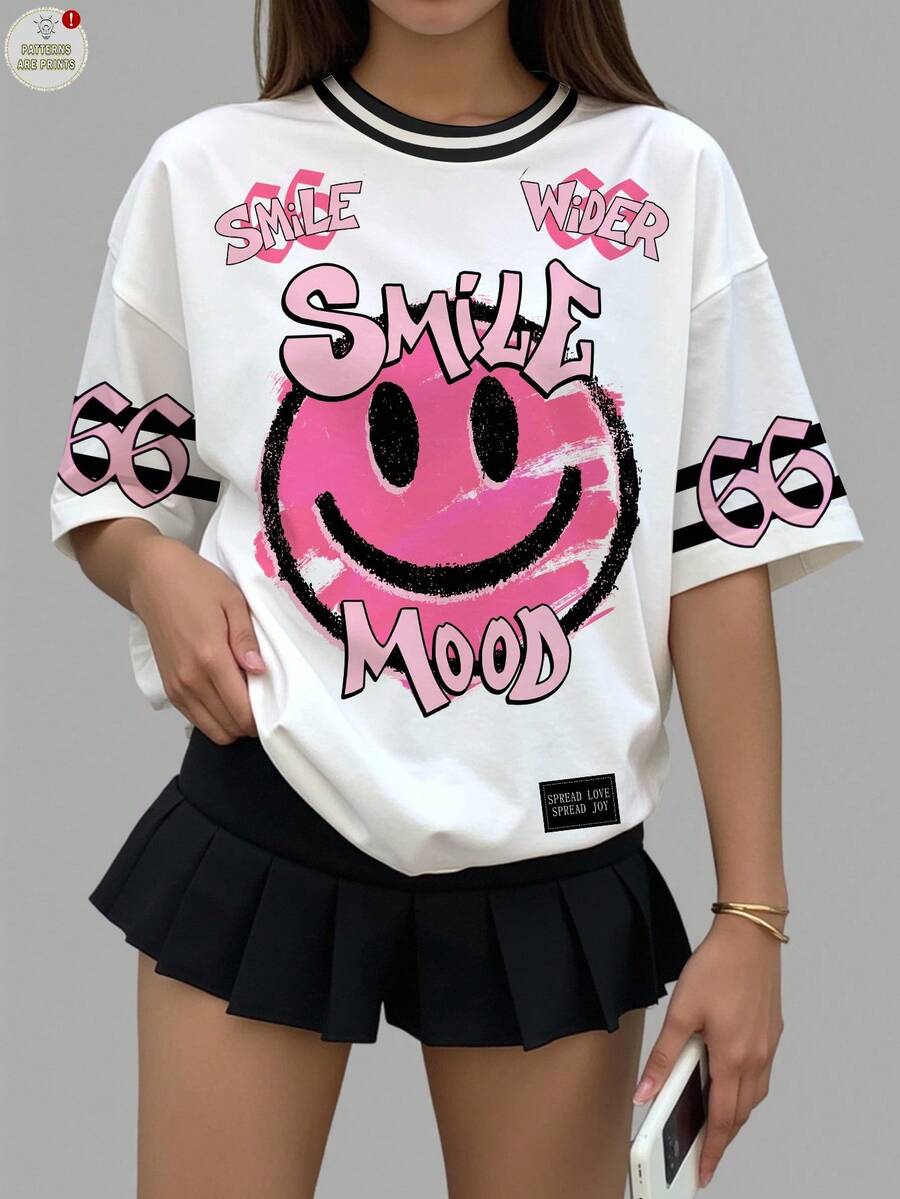 SHEIN 66 休闲脸字母数字印花，返校季，甜美酷炫运动风格，少女宽松针织超大T恤，极简主义，适合夏季，上衣，衬衫，图案T恤，少女服装，超大T恤，可爱衬衫，市中心女孩审美，青少年运动服 - 彩色 - 查看 1
