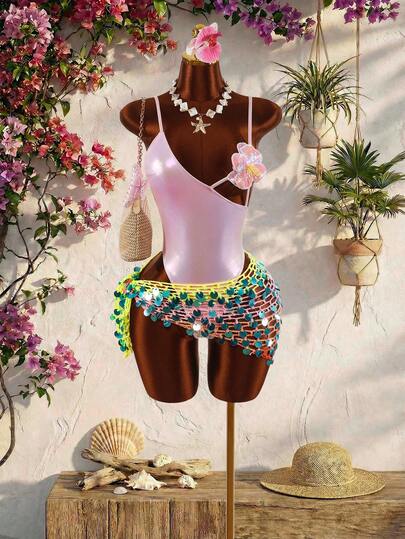 Amplova Women's Starfish Bra Splice One-Piece Swimsuit, Sexy & Avant-Garde, Suitable For Beach Vacation, Blue Solid Color Monokini