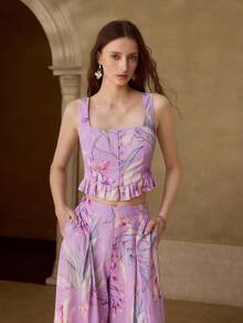 MOTF PREMIUM Bộ đồ nữ 2 món bằng vải lanh in họa tiết, mùa xuân/hè - Màu tím - Xem 5